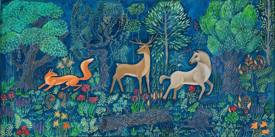 an image of a painting with animals in it