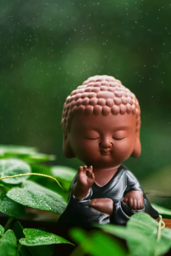 a little buddha sitting on top of a lush green plant