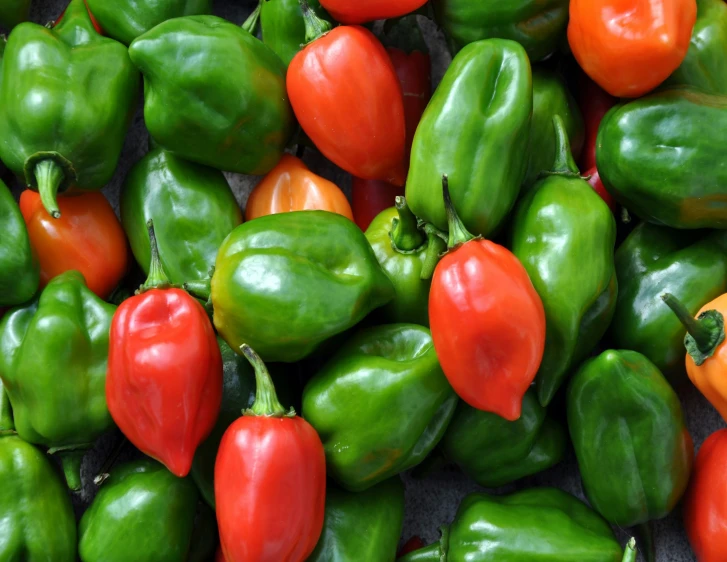 many green and red peppers are gathered together