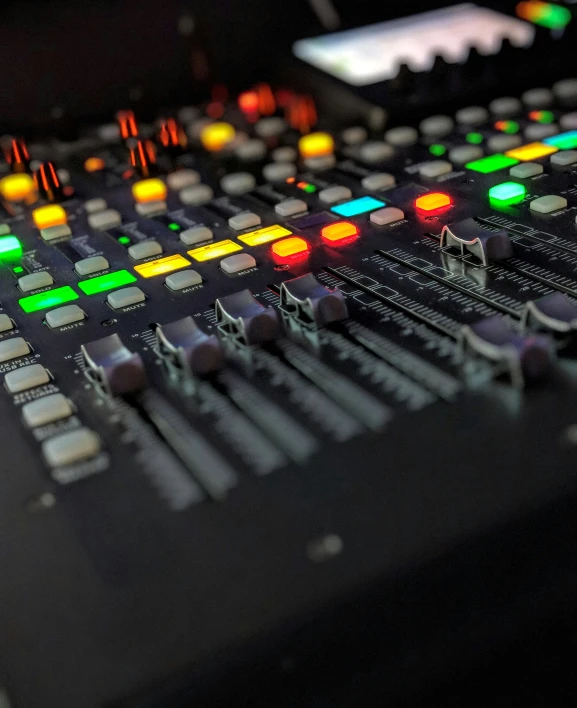 a sound mixing console with many colored ons