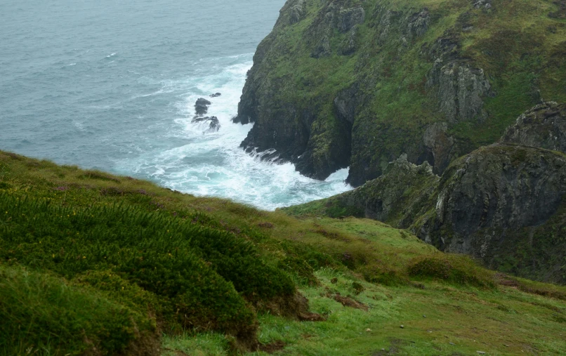 a grassy hillside next to the ocean on top of a cliff