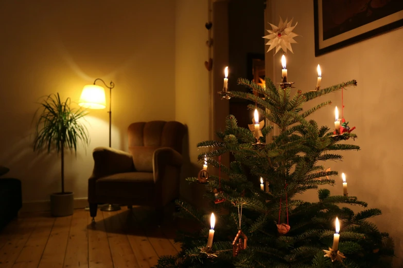 a lit tree with several candles lit in a room