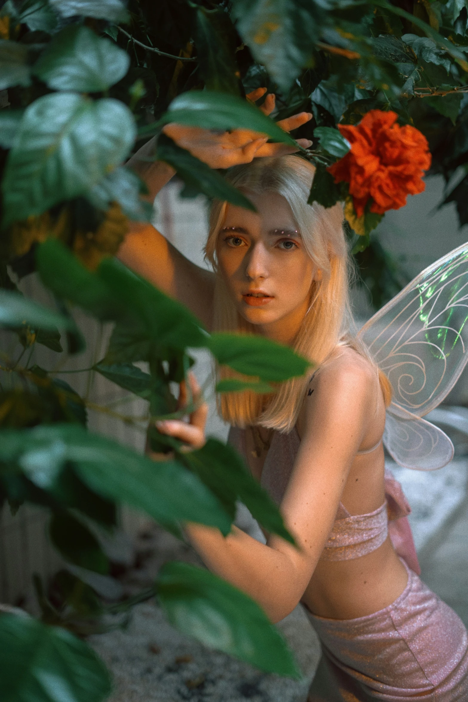 a woman wearing a flower crown with a erfly wing on her head