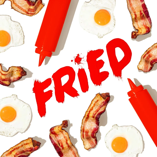 fried eggs and bacon with the words fried above them