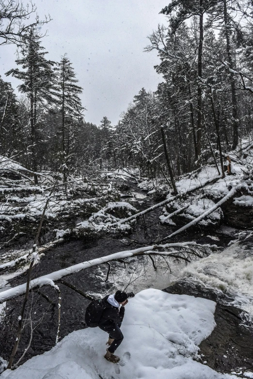 snow - covered rocks surround a fallen tree nch, as someone moves down the snow - covered hill