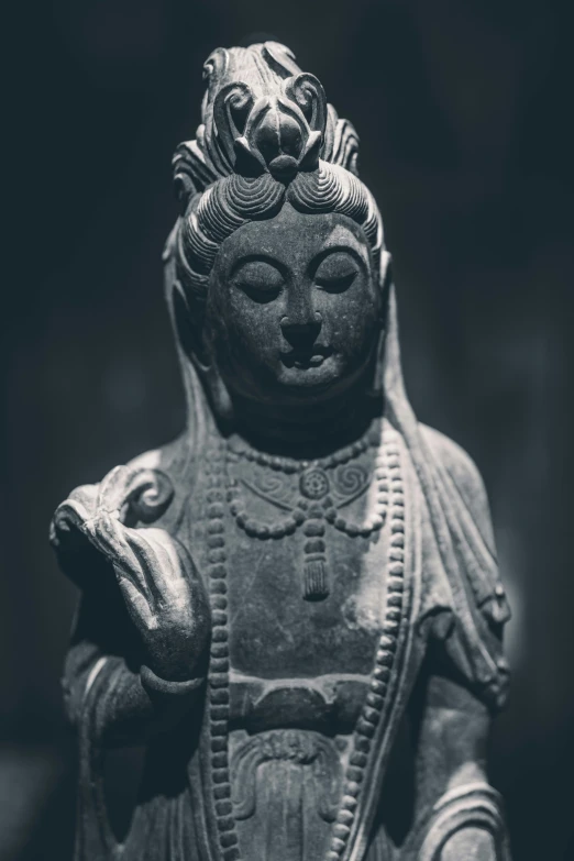 a sculpture of a seated buddha wearing a crown with one hand holding a fish, with black and white background