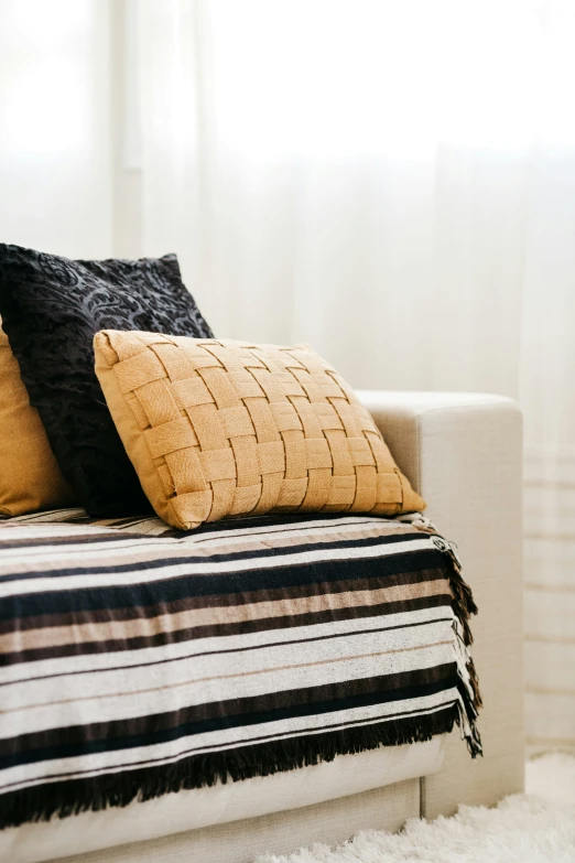 a couch with two brown and black pillows