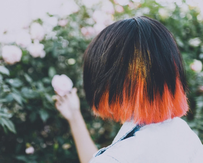 a woman with black and orange hair holding a rose