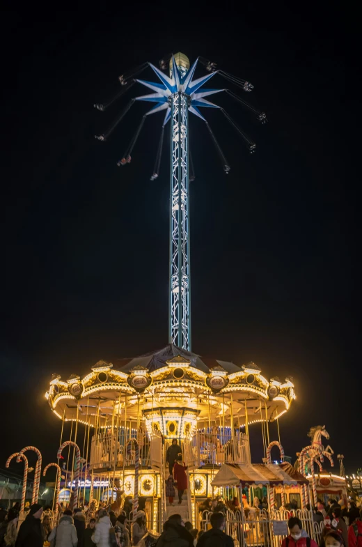 an amut park with a carousel at night