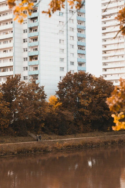 a tall building sitting behind trees and water