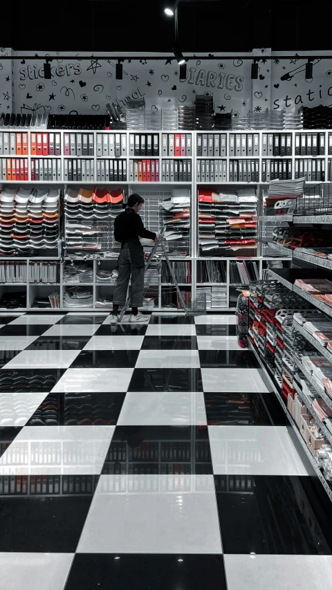 a man standing in a grocery store with his back to the camera