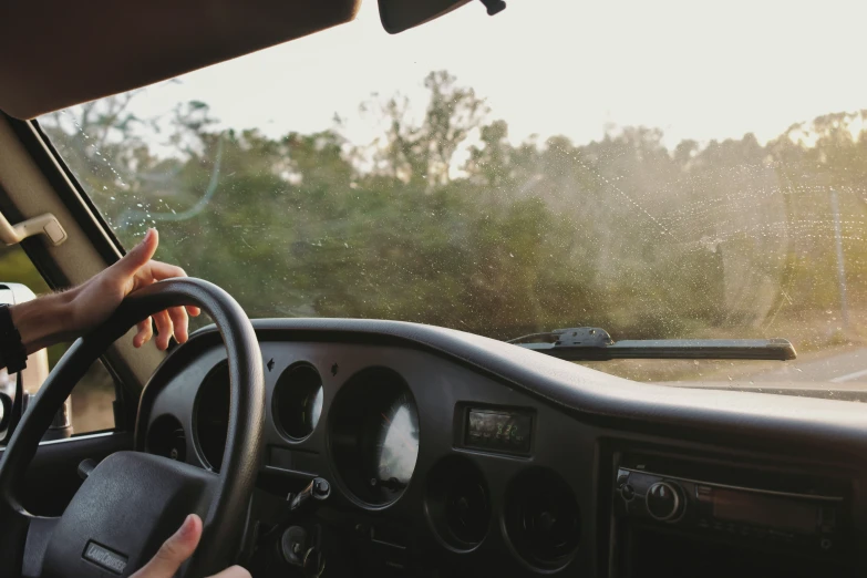 a person is driving a truck, as it has some trees in the background