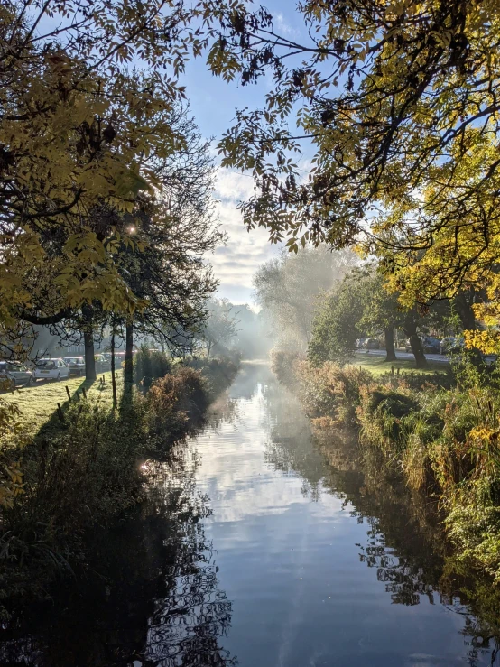 a canal surrounded by autumn trees in the countryside