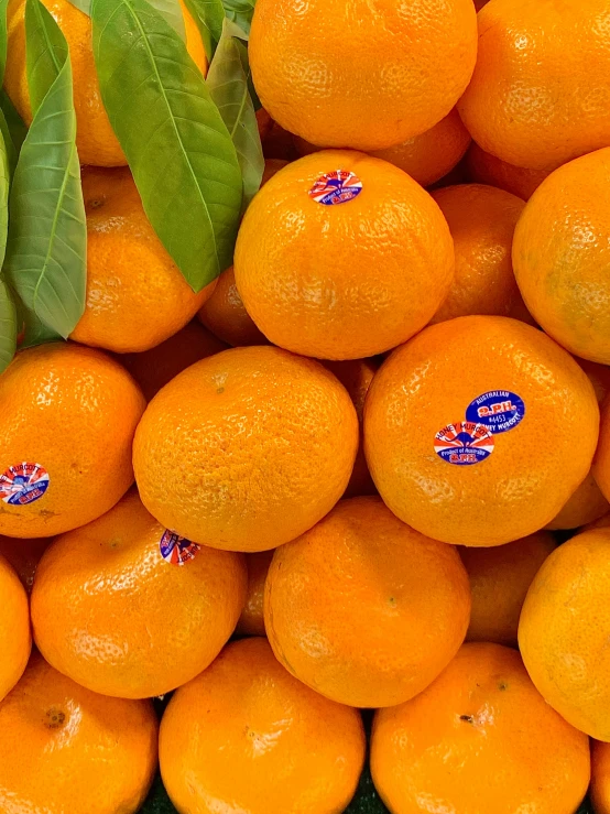 a pile of oranges with leafy green leaves