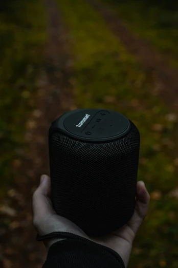 person holding black speaker with grassy path in the background