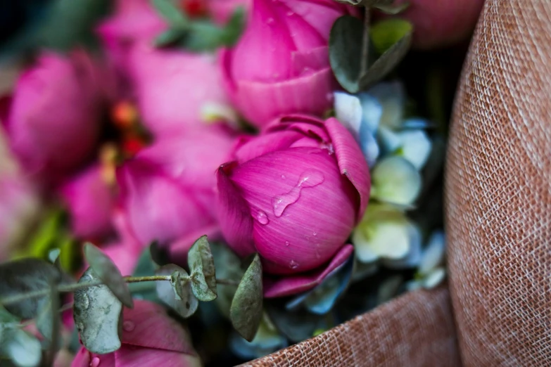 a bouquet of pink roses with some green leaves