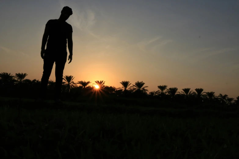 the silhouette of a man standing on the grassy field