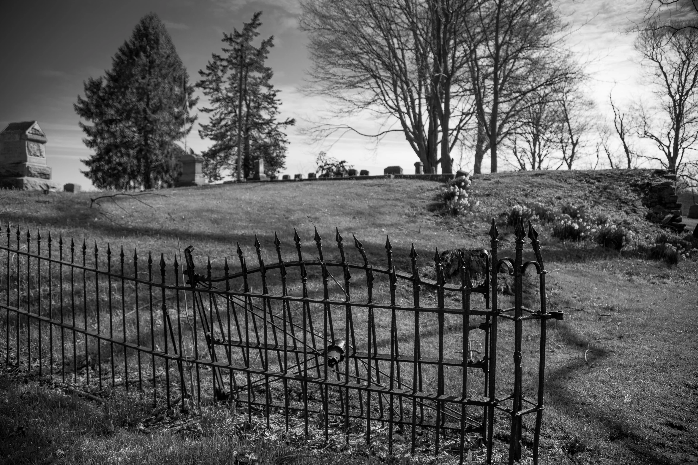 a black and white po of a fenced in field with trees