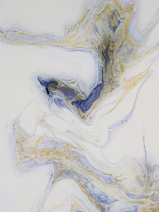 an abstract painting with white, gold and blue