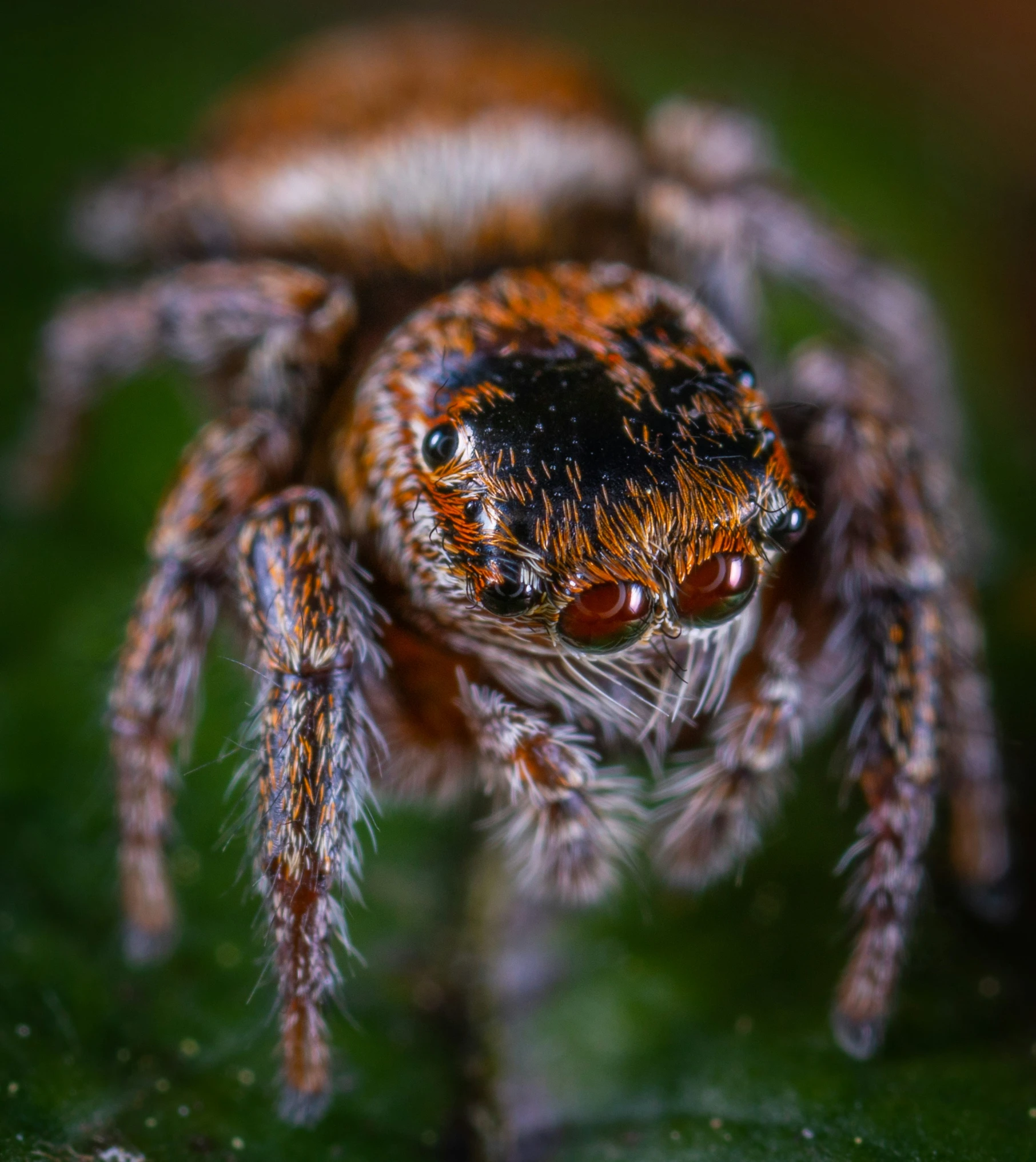 a close - up of the head and antennae of a jumping spider