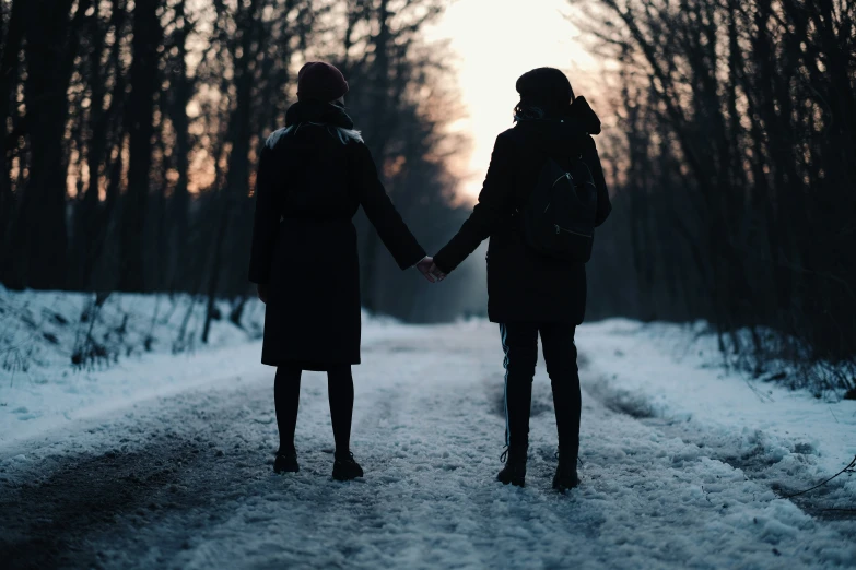 a couple standing together holding hands in the snow