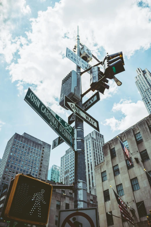 street post displaying various traffic signs near big buildings