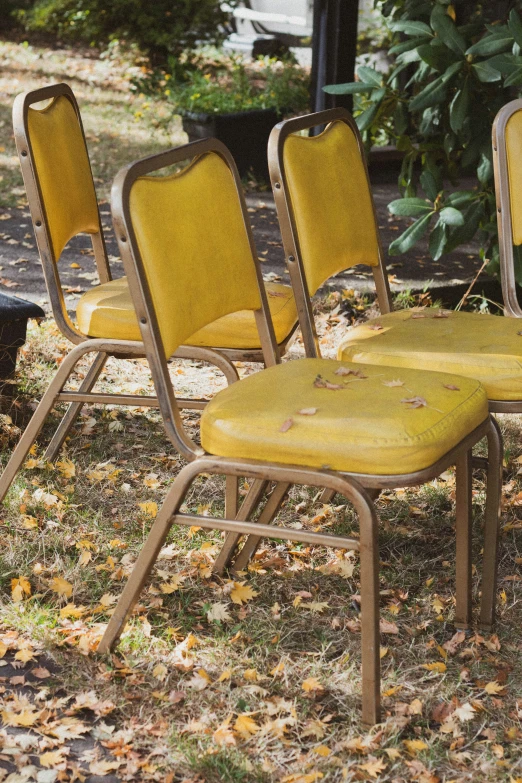 three old style chairs sitting outside in the grass