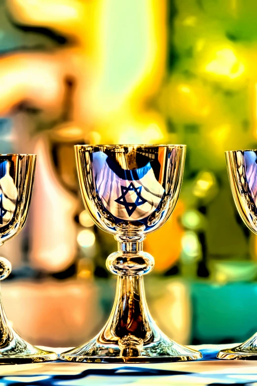 three golden glasses with the jewish sign drawn on them