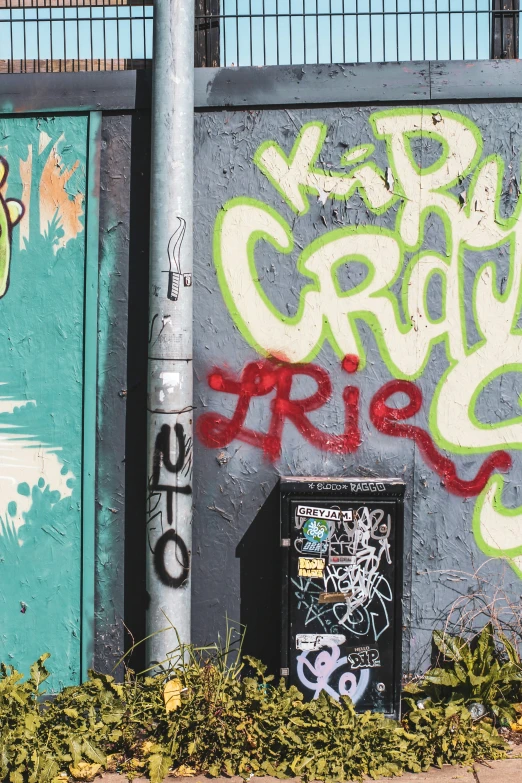 graffiti covers a street corner with a metal fence and trash can