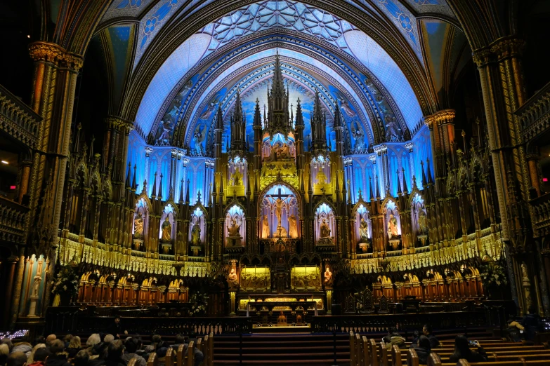 a large church with several rows of pews