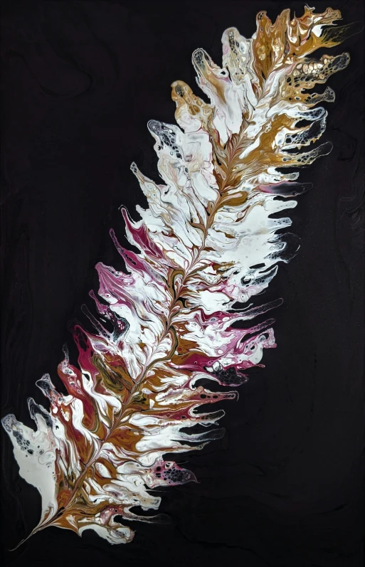 this is a painting with a gold and pink feather