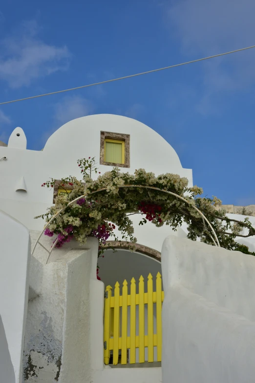 a building with yellow gates, a white fence and some plants growing on it