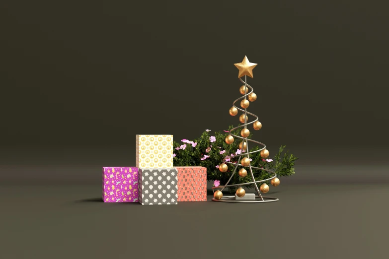 a holiday tree and presents are stacked on a table
