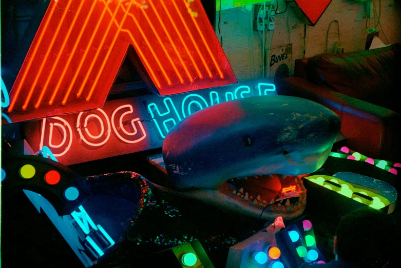 neon signs with a shark on top and a sign below