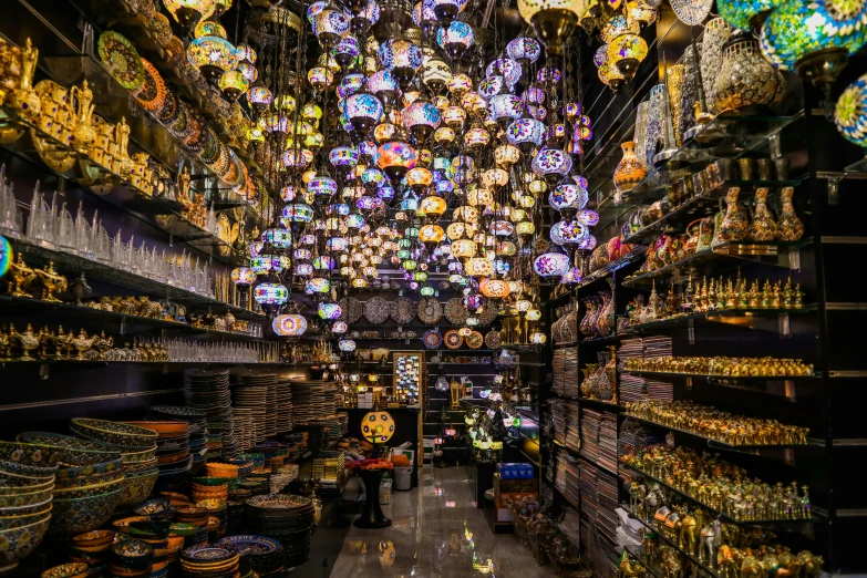 colorful items and decorations inside a market