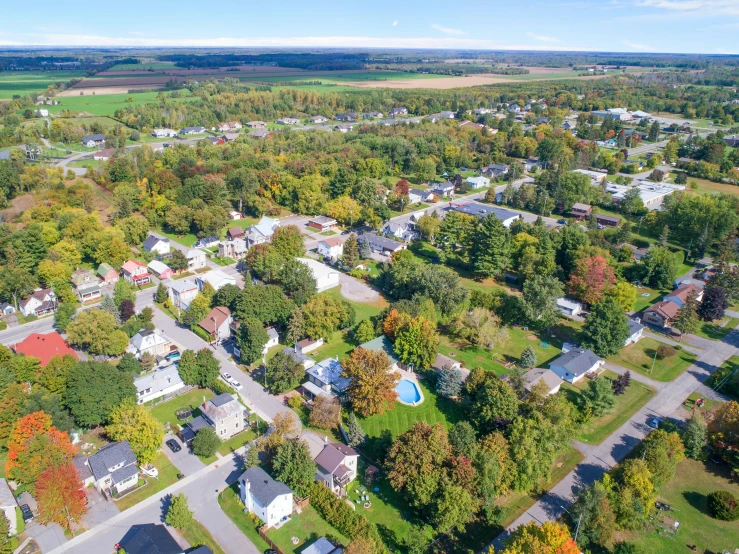 the view from above shows a village of trees and houses in front of a field with green