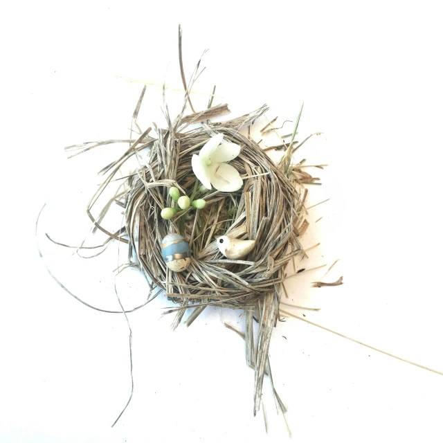 bird nest on the ground with some flowers inside