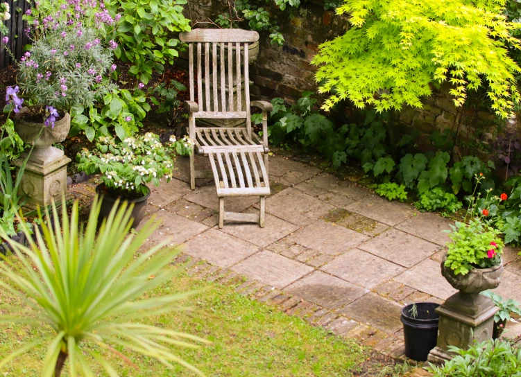 a wood chair sitting in the middle of a garden