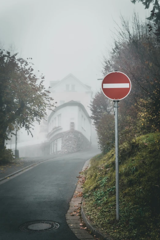 the fog is in front of a house and street sign