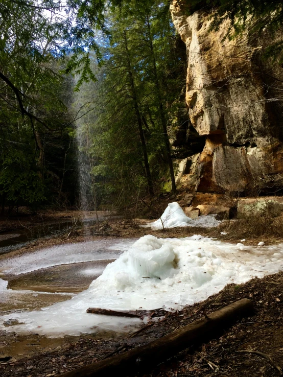 a waterfall running into a forest filled with snow