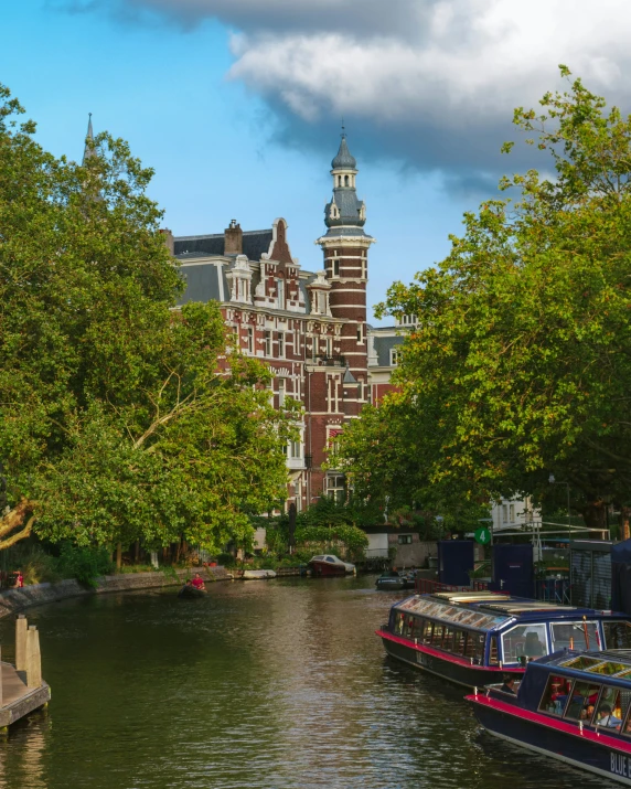 boats moored on the waters of a city canal