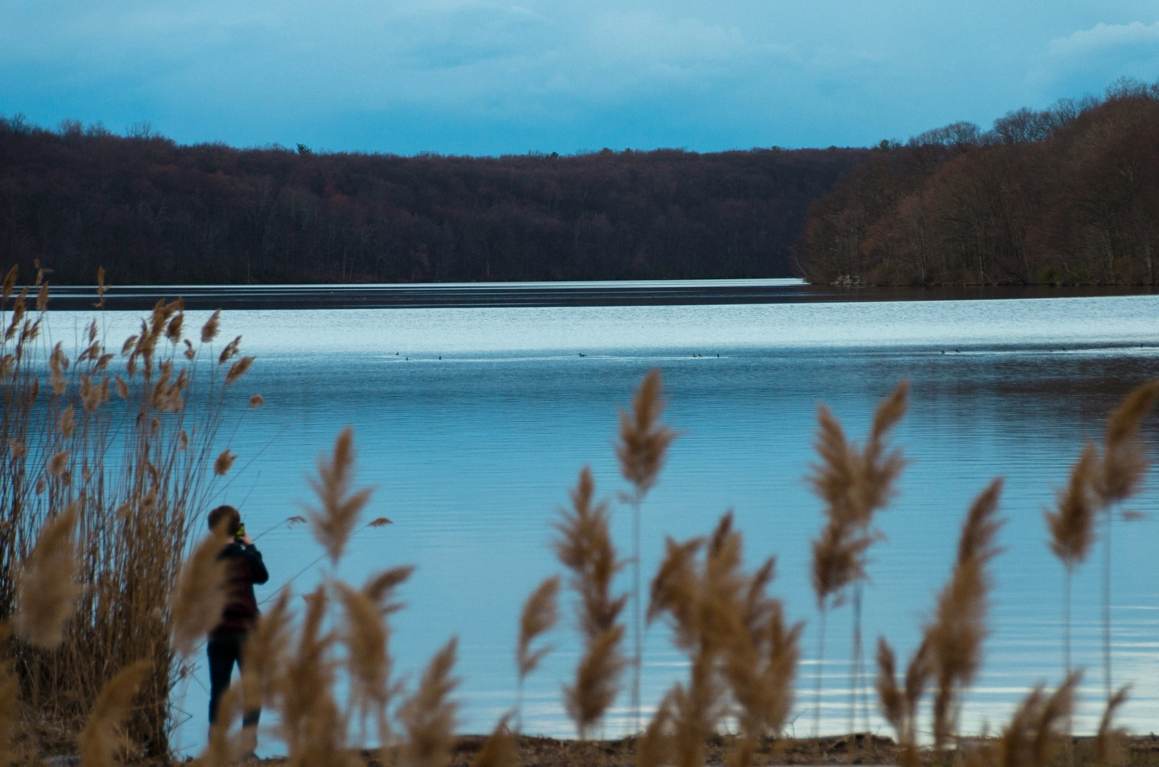 a person stands by a lake with a backpack