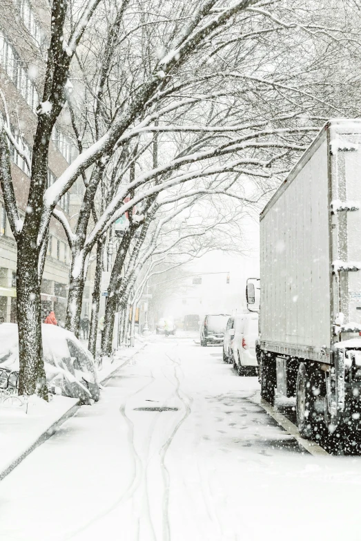 the back end of a truck parked on a snowy street