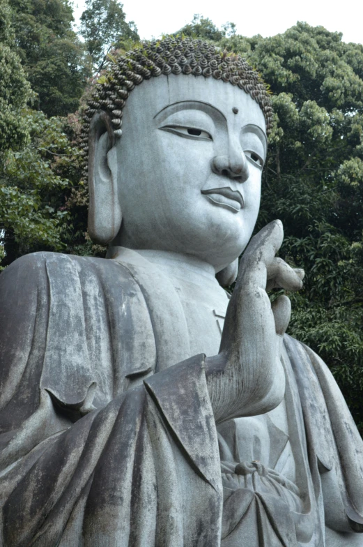 a big statue of a buddha sitting in the middle of some trees