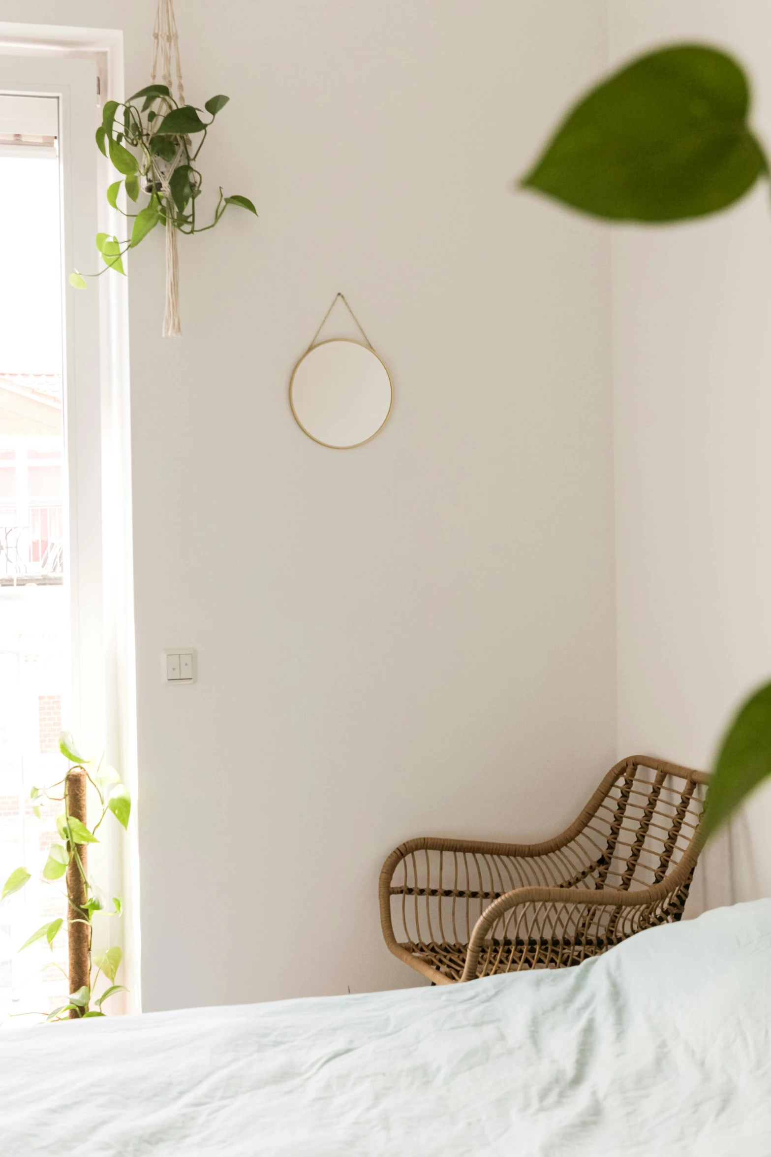 bedroom with bed and plants, a wicker chair and hanging plant on the wall