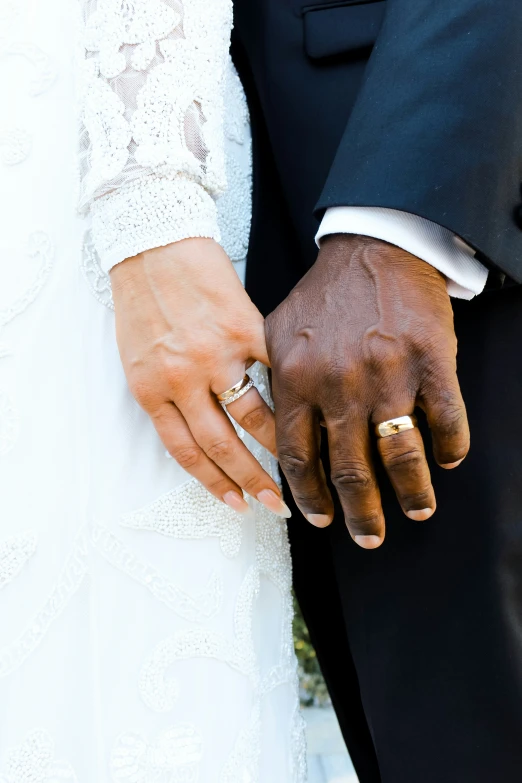 a couple holding hands while holding the wedding ring