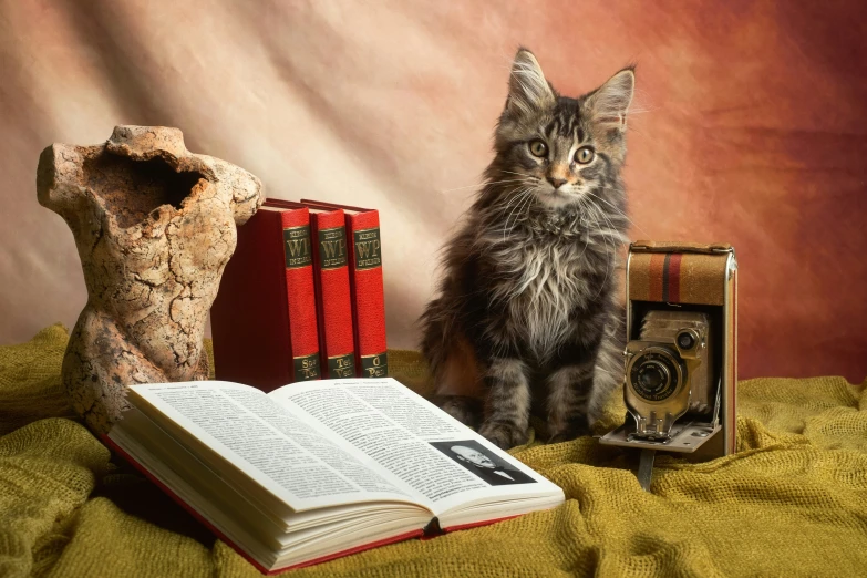 the cat is sitting next to two books and a camera