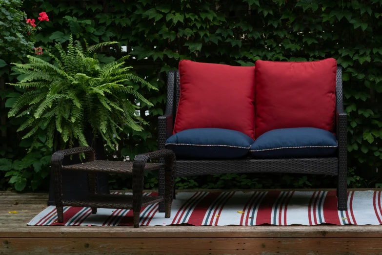 a pair of dark chairs with red cushions sits in front of plants