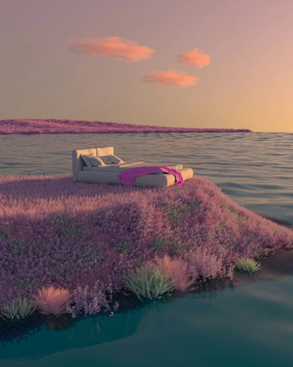 a couch is sitting on the edge of a small island