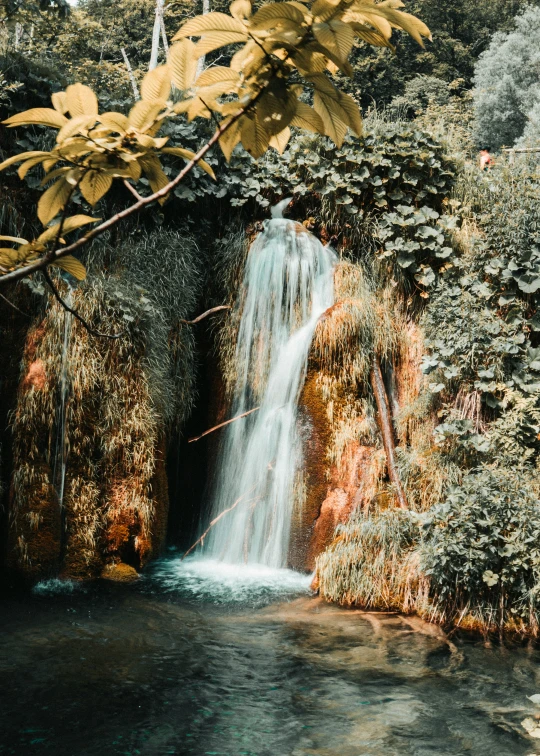 a waterfall and stream with trees in the background